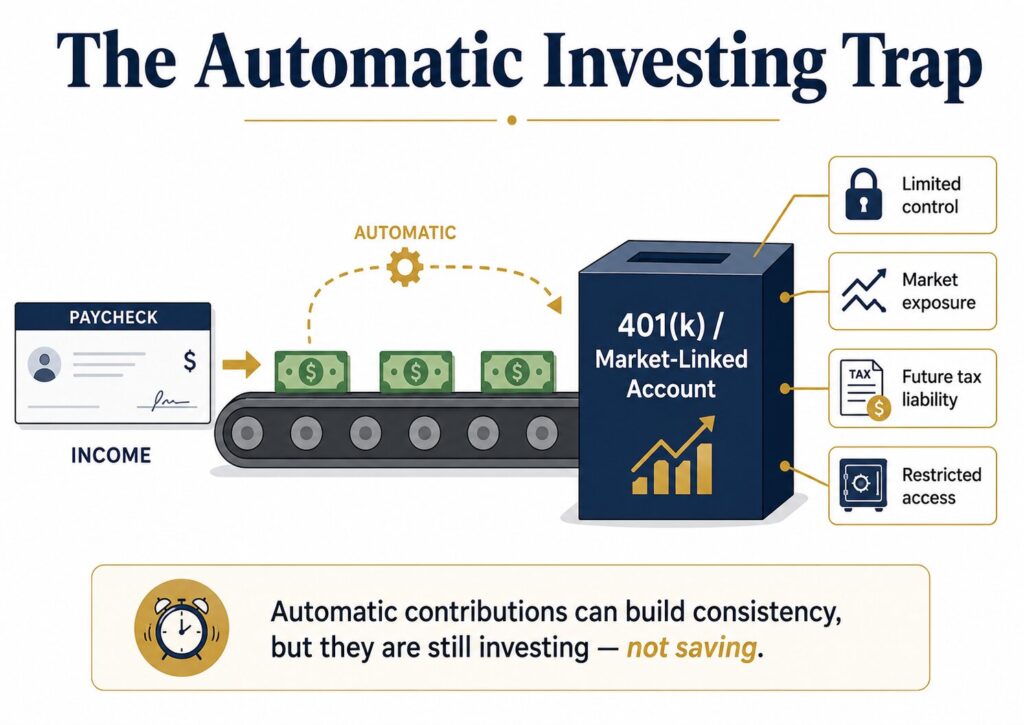 infographic titled the automatic investing trap showing a paycheck flowing automatically into a 401(k) market-linked account, with four downsides: limited control, market exposure, future tax liability, restricted access.