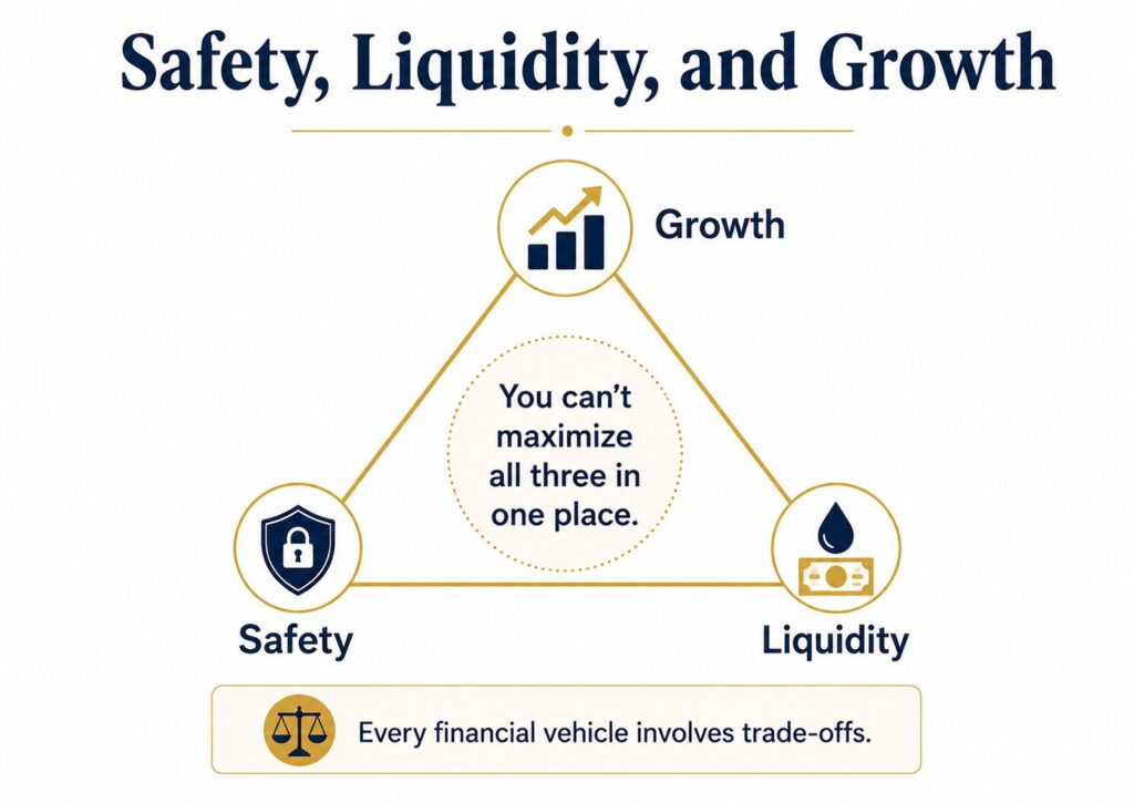 Triangular diagram titled Safety, Liquidity, and Growth, with each at one point, captioned: you can't maximize all three in one place.