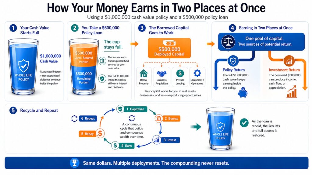 Infographic showing a whole life policy loan strategy where money earns returns in policy and investments simultaneously.