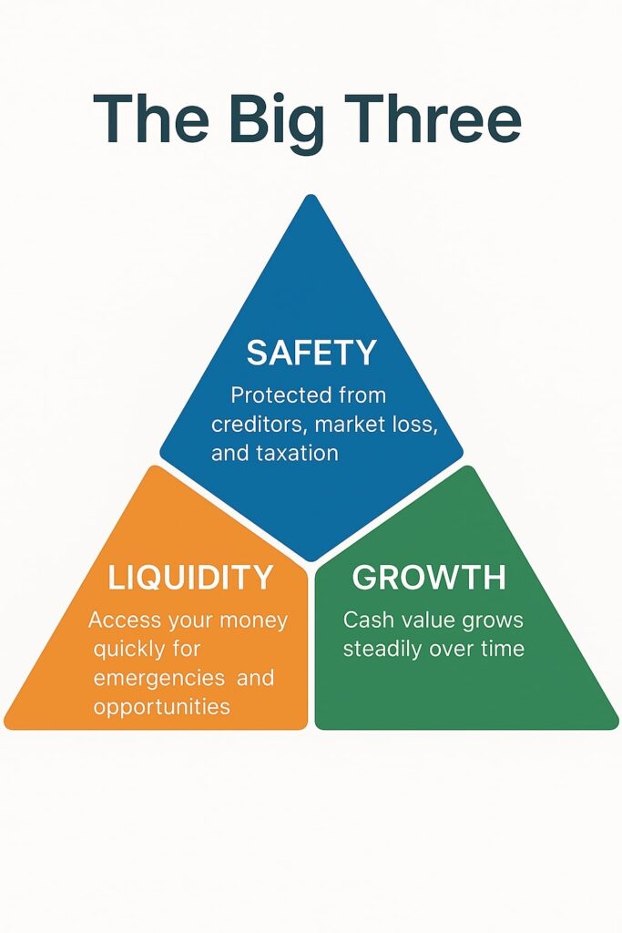 Infographic titled 'The Big Three' explaining the three elements of a private family banking system: Safety, Liquidity, and Growth