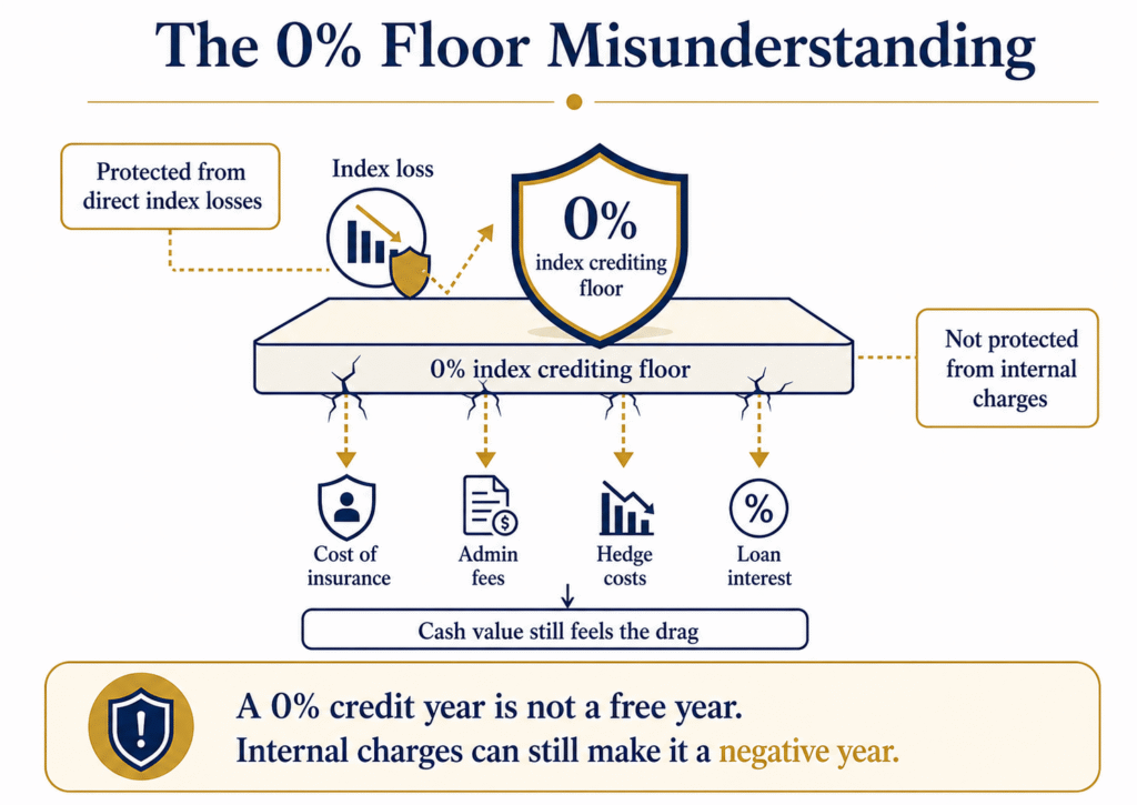 IUL 0% floor infographic showing that indexed universal life protects from index losses but not insurance costs, fees, hedge costs, or loan interest.