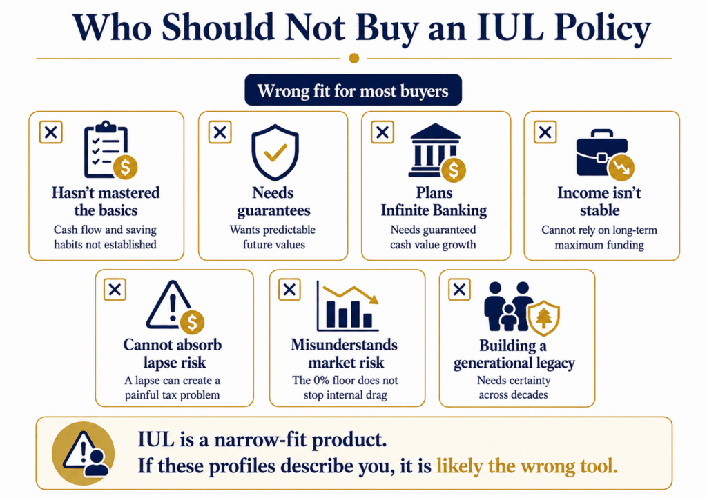 Infographic showing who should not buy an IUL policy, including people who need guarantees, stable income, Infinite Banking, or legacy certainty.