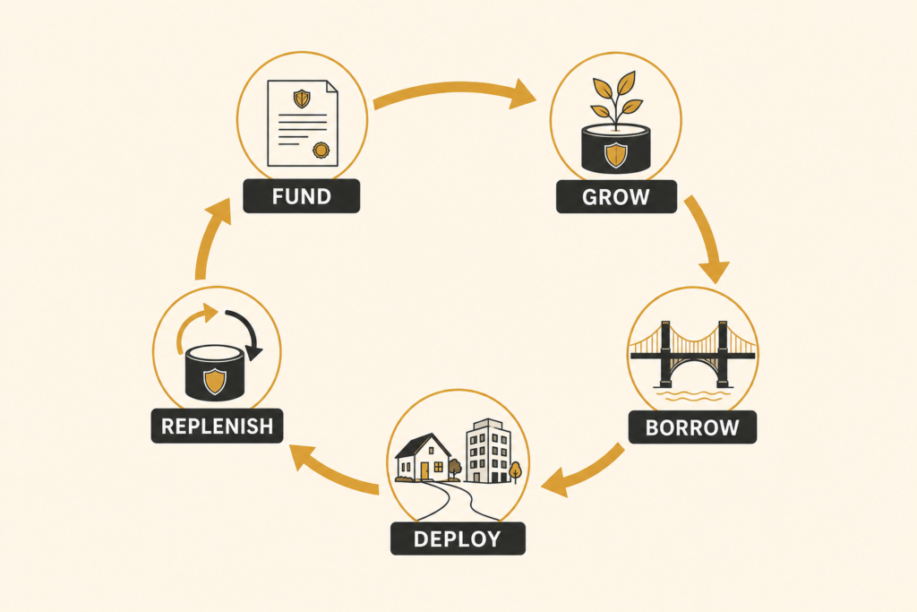 Infinite Banking capital cycle: fund, grow, borrow, deploy, and replenish