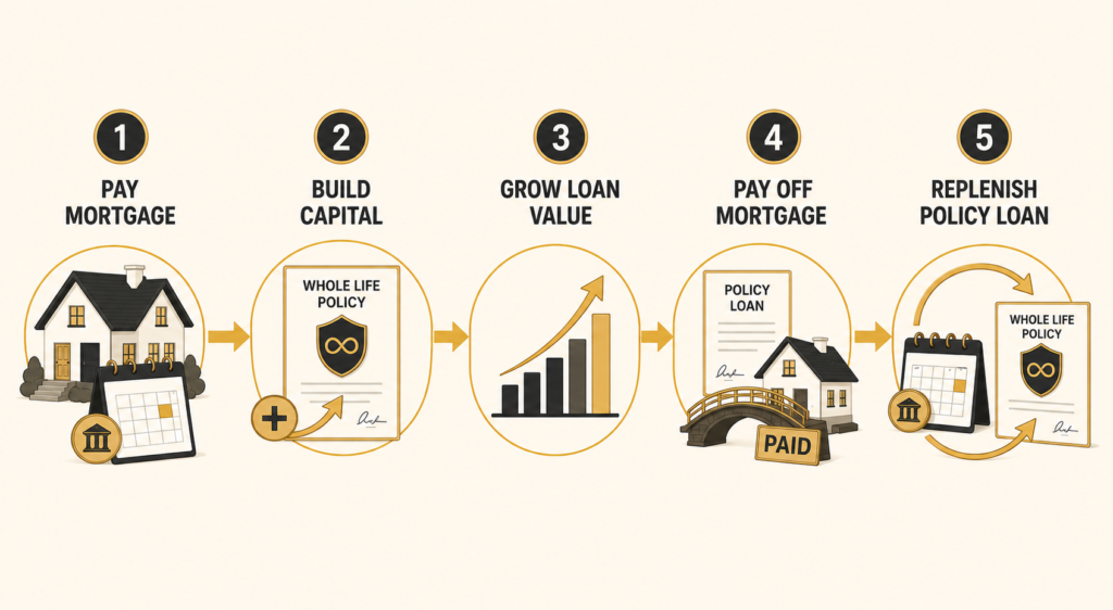 Five-step mortgage payoff approach using Infinite Banking capital